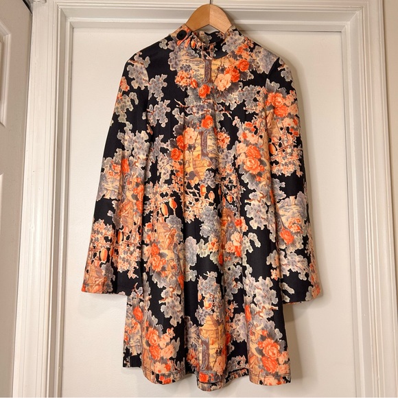 Zara Mock Neck Asian Print Dress - Size S - Picture 2 of 10